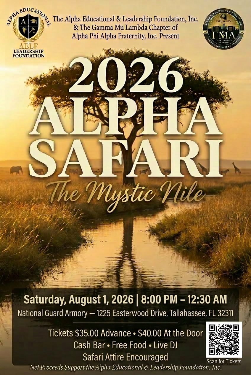 2026 Alpha Safari. The Mystic Nile flyer. Saturday, August 1, 2026 at The National Guard Armory, Tallahassee